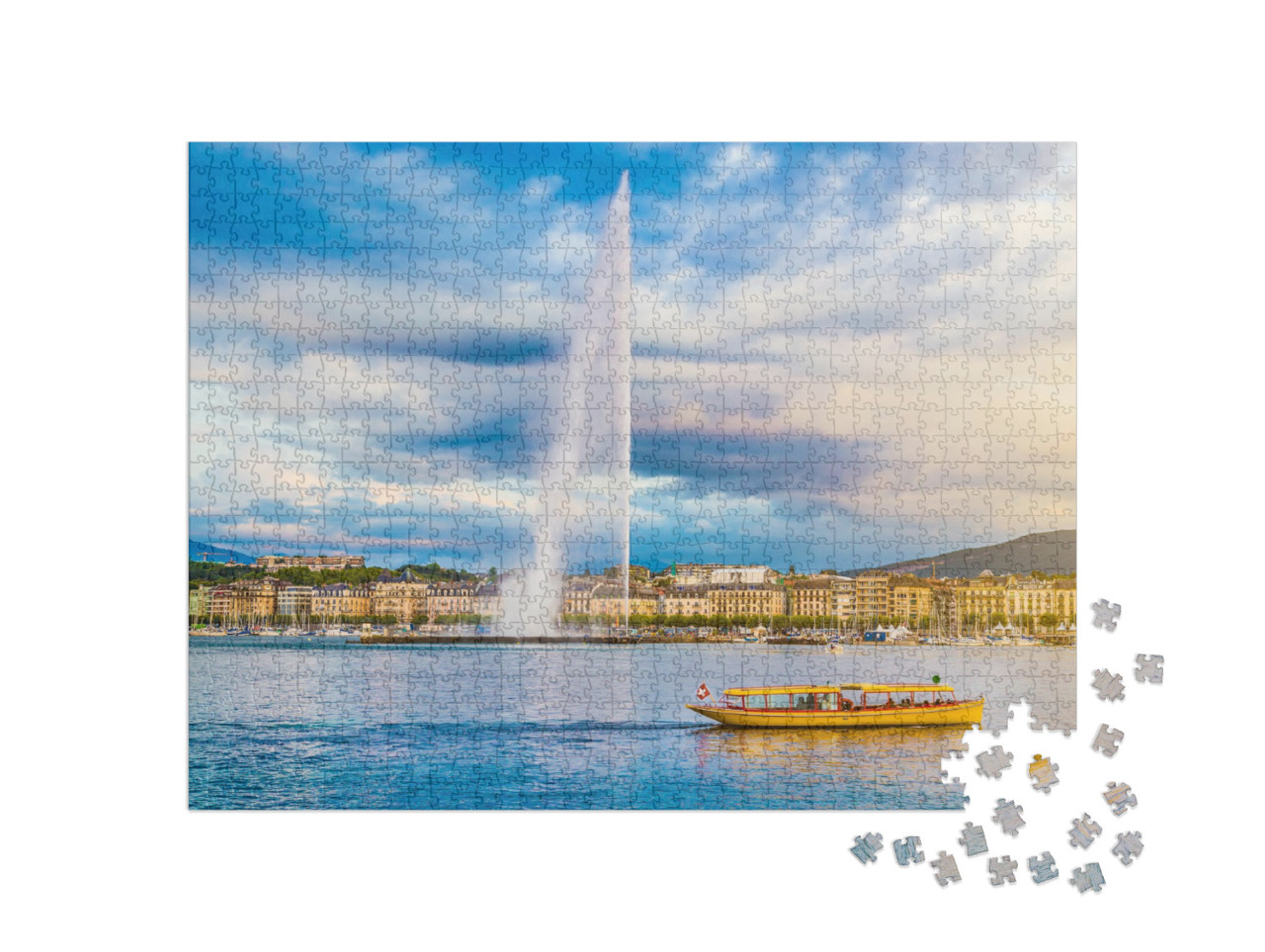 Puzzle 1000 Teile „Genfer Skyline mit dem berühmten Jet d'Eau-Brunnen, Schweiz“