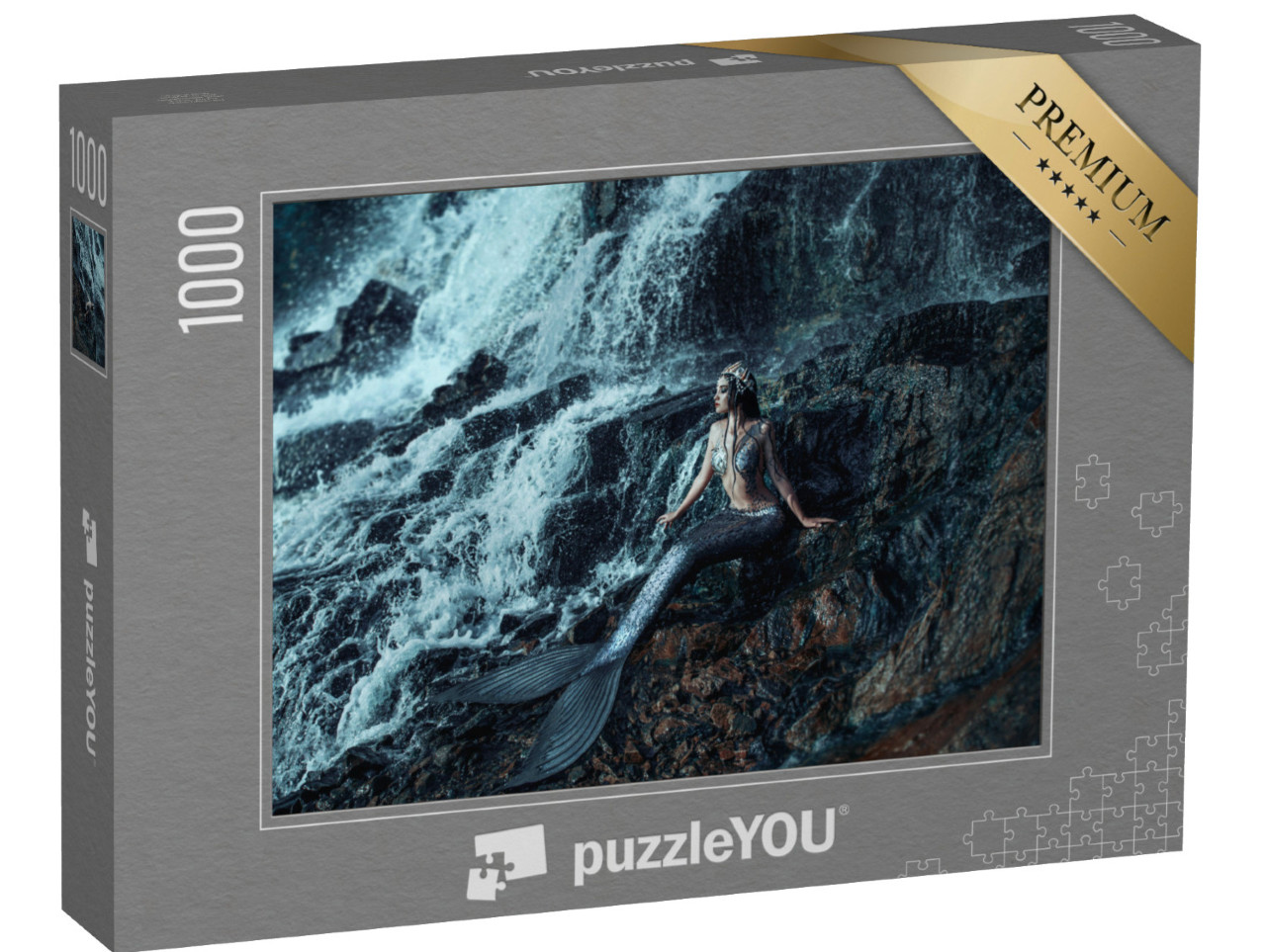 Puzzle 1000 Teile „Ruhende Meerjungfrau am felsigen Wasserfall“