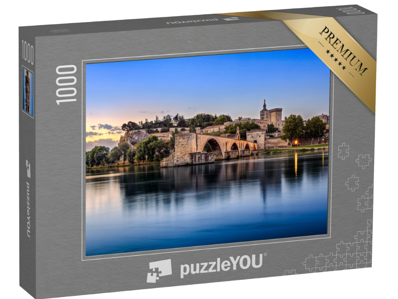 Puzzle 1000 Teile „Avignon-Brücke mit Papstpalast und Rhone, Sonnenaufgang, Frankreich“