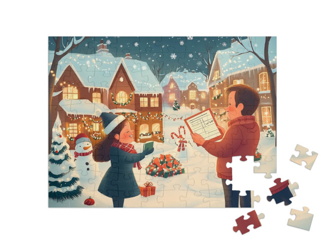 Puzzle 100 Teile „Weihnachtslieder im Winterdorf“
