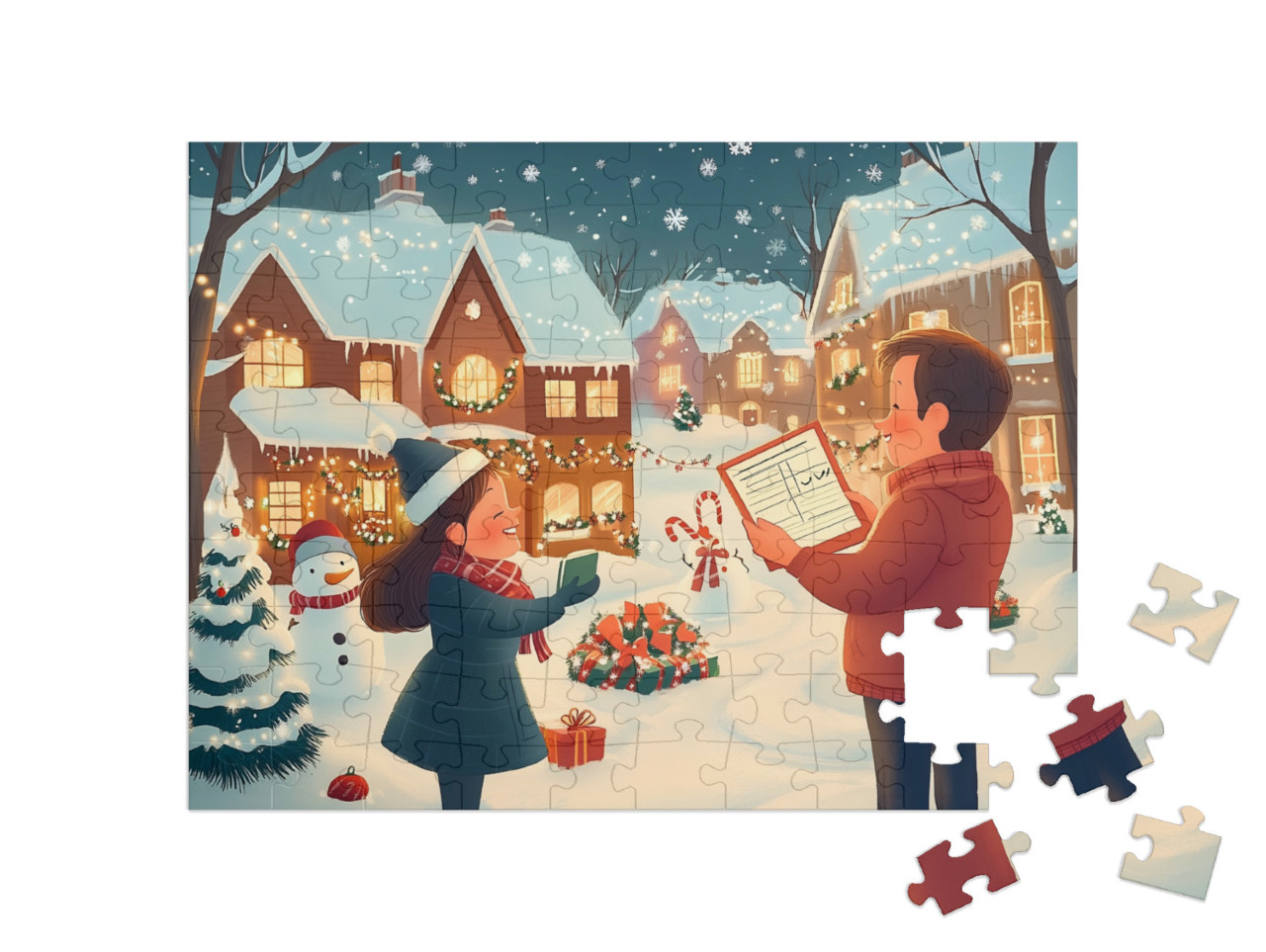 Puzzle 100 Teile „Weihnachtslieder im Winterdorf“