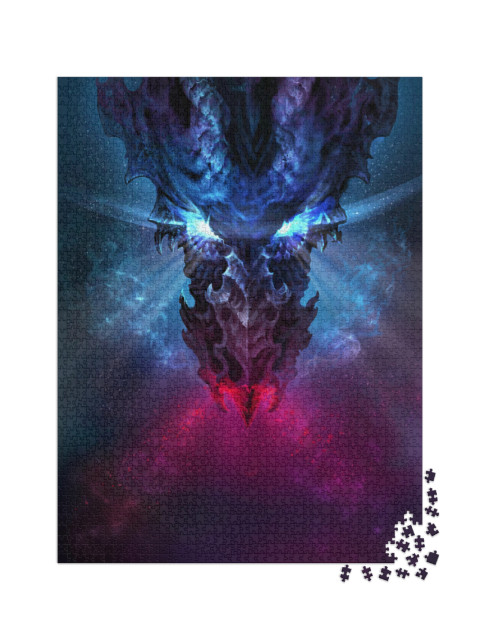 Puzzle 2000 Teile „Fantasy: Feuerdrache mit blau leuchtenden Augen“