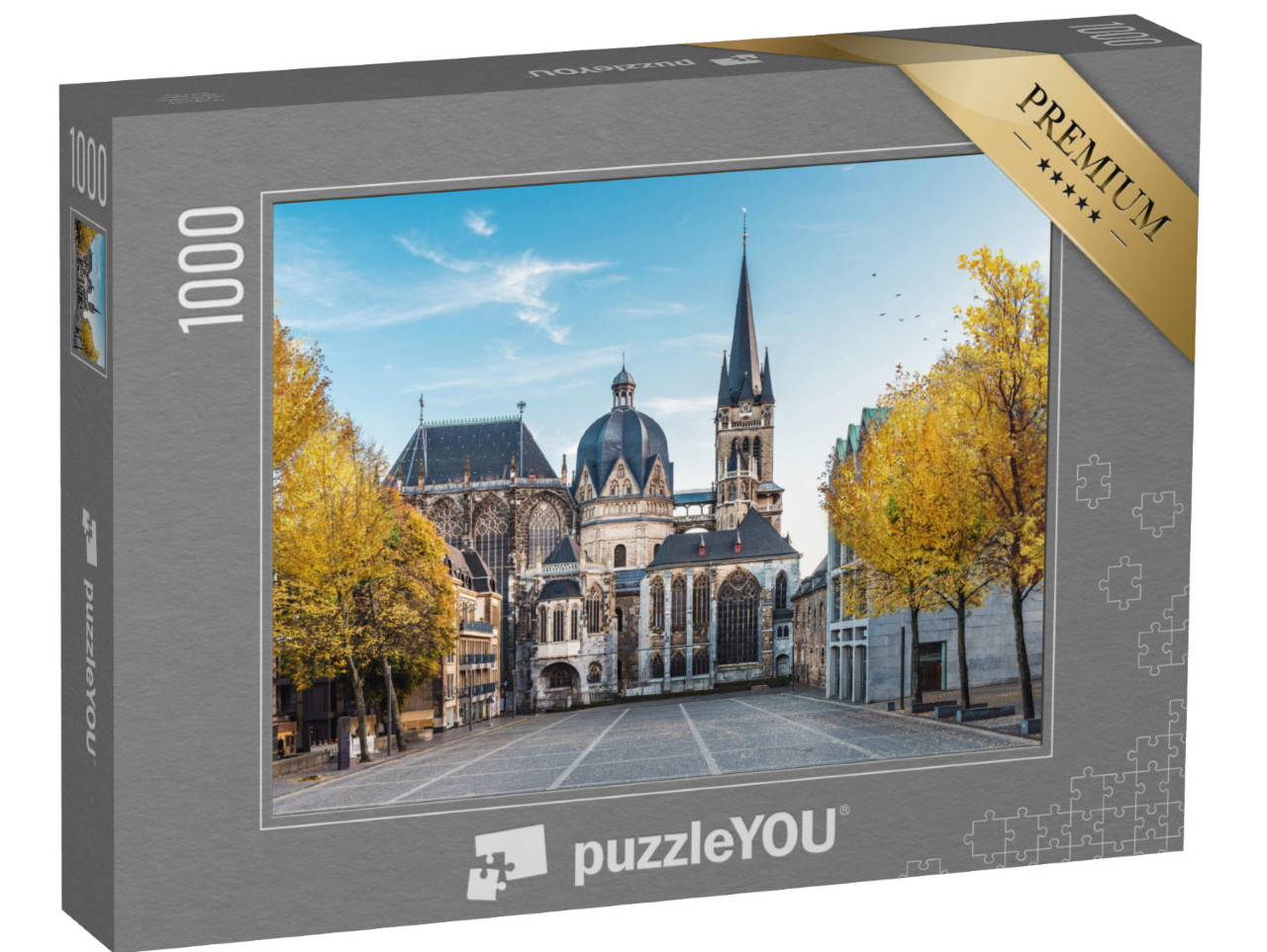 Puzzle 1000 Teile „Riesige gotische Kathedrale in Aachen im Herbst, Deutschland“