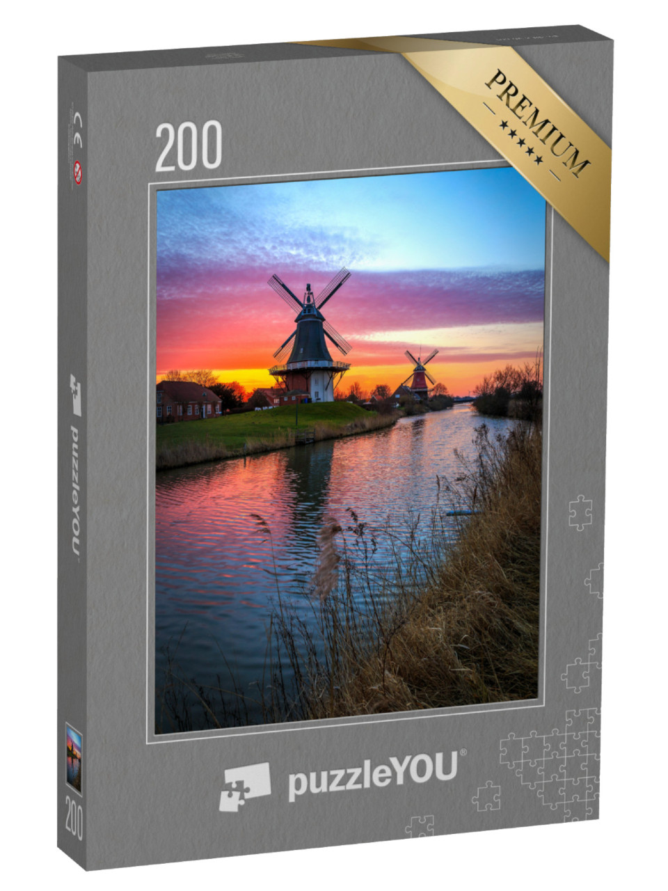 Puzzle 200 Teile „Zwillingsmühlen von Greetsiel, Ostfriesland bei Sonnenaufgang“