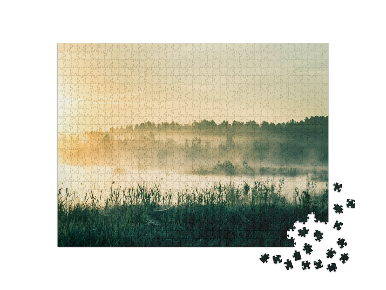 Puzzle 1000 Teile „Feuchtgebietslandschaft mit Sonne, Lettland, Nordeuropa“