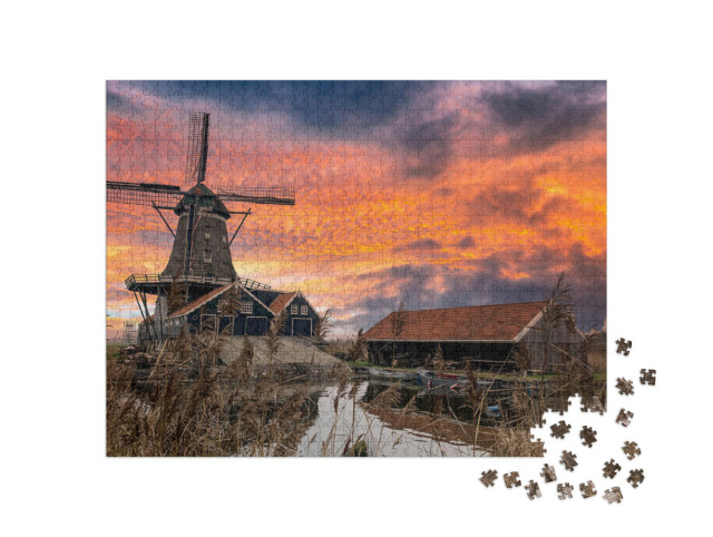 Puzzle 1000 Teile „Romantische Windmühle an einem Fluss, Bauernhof bei Sonnenaufgang“