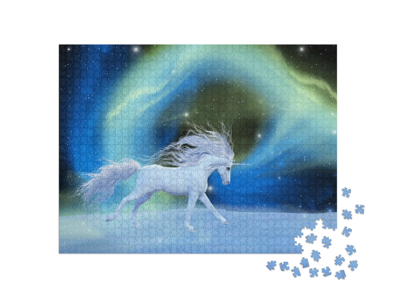 Puzzle 1000 Teile „Digitale Kunst: Mystisches Einhorn in einem Universum aus Aurora-Nebel“