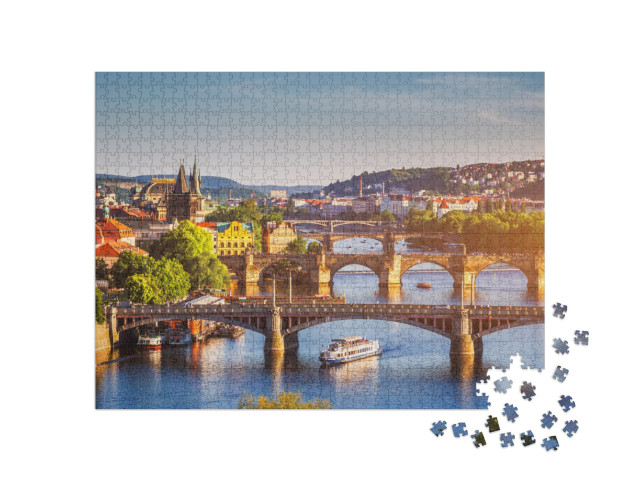 Puzzle 1000 Teile „Sonnenuntergang über der Karlsbrücke in Prag, Moldau, Tschechische Republik“