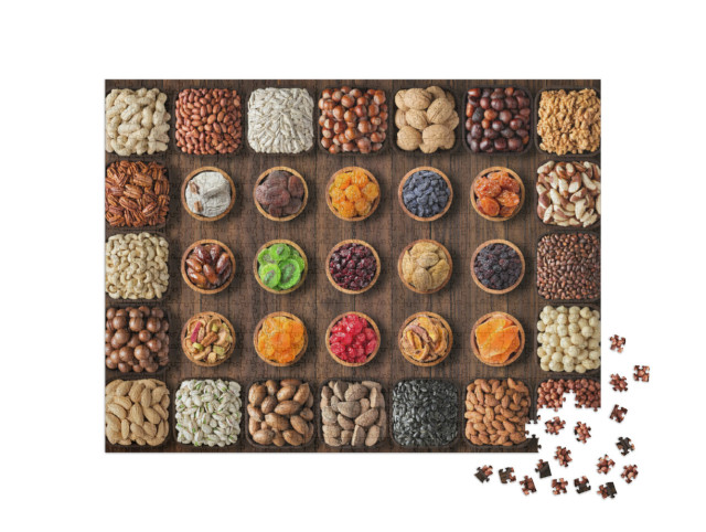 Puzzle 1000 Teile „Bunte Vielfalt von Nüssen und Trockenfrüchten in kleinen Schalen“