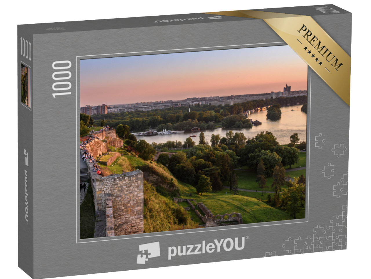 Puzzle 1000 Teile „Sonnenuntergang am Belgrad Turm Kalemegdan auf Sava Fluss“