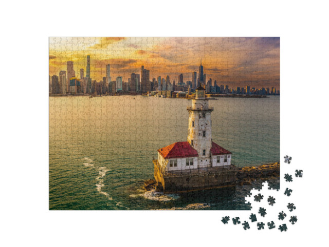 Puzzle 1000 Teile „Chicago: Hafen und Leuchtturm bei Sonnenuntergang“