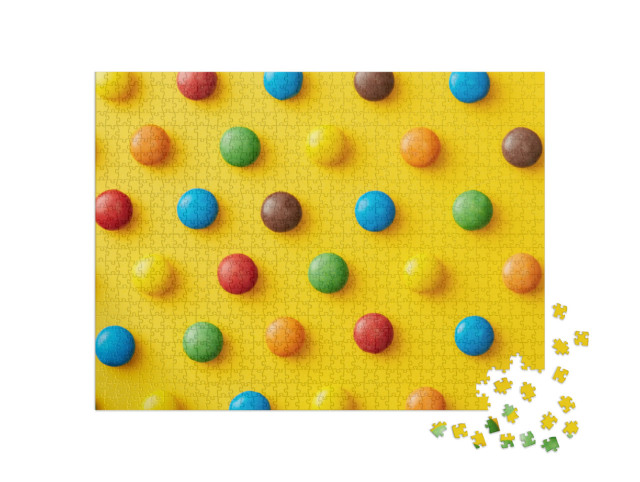 Puzzle 1000 Teile „Bunte Süßigkeiten auf einem gelben Hintergrund von oben betrachtet“