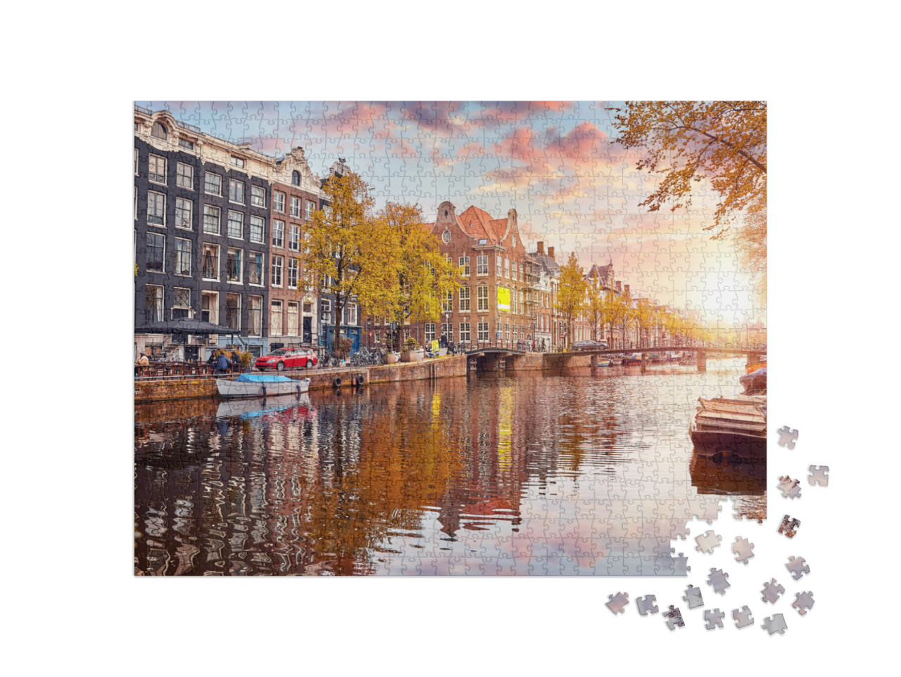 Puzzle 1000 Teile „Warmes Sonnenlicht am Kanal in Amsterdam, Niederlande“