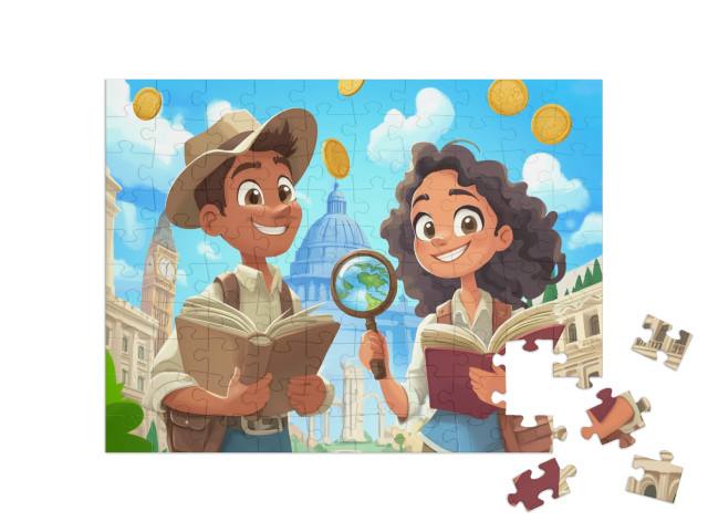 Puzzle 100 Teile „Zwei Entdecker auf Abenteuerreise durch Europa“