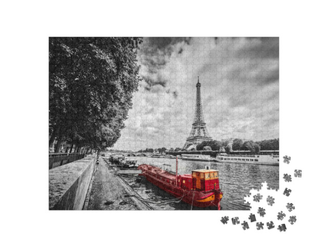 Puzzle 1000 Teile „Eiffelturm über der Seine mit rotem Schiff, Paris, Frankreich“