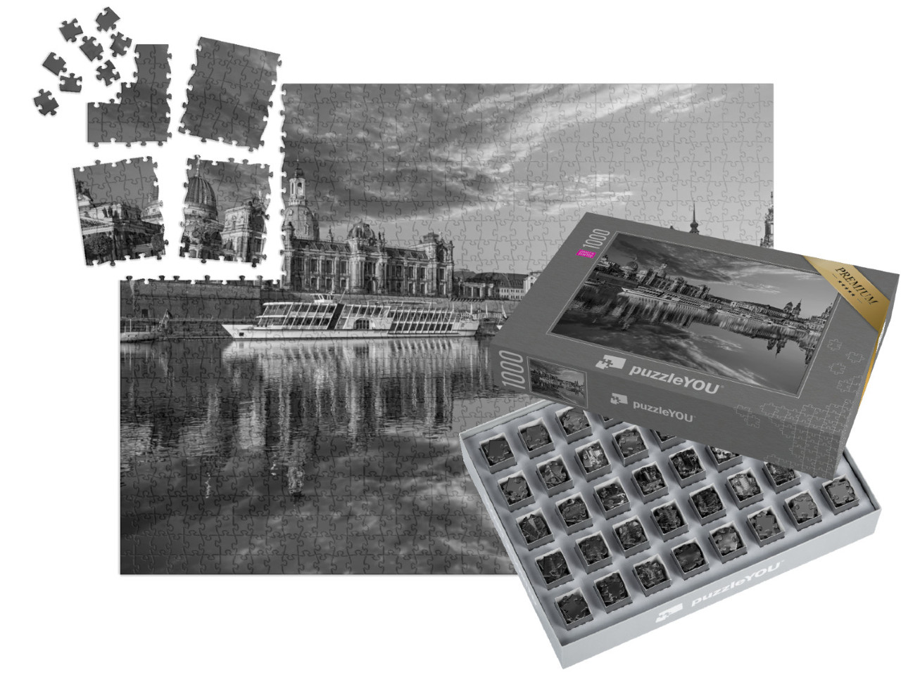 Puzzle „Dresdner Stadtsilhouette an der Elbe und Augustusbrücke“ | SMART SORTED® 1000 Teile