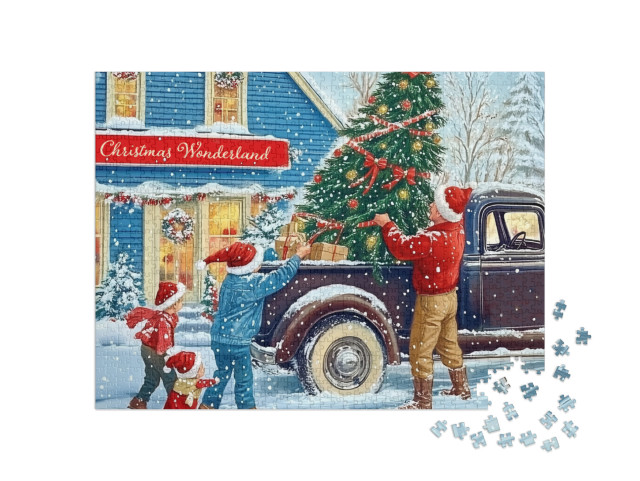 Puzzle 1000 Teile „Retro-Xmas-Design: Weihnachtsbaum am Pickup Truck“