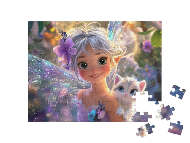 Puzzle 100 Teile „Lila Glitzerfee mit ihrer süßen Katze“