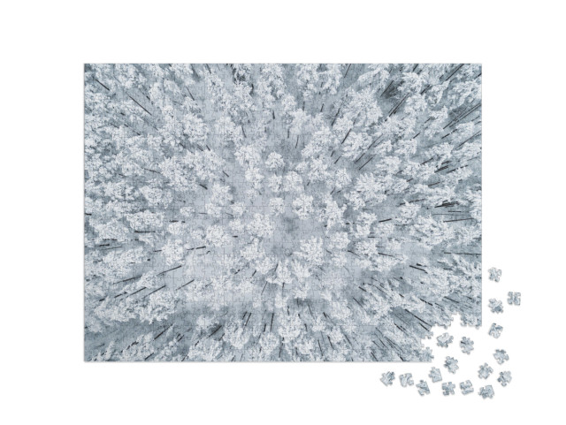 Puzzle 1000 Teile „Luftaufnahme eines winterlichen, schneebedeckten Kiefernwaldes“