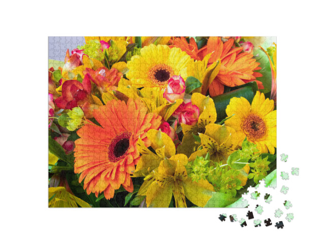Puzzle 1000 Teile „Leuchtend gelbe und orange Gerbera in einem Blumenstrauß“