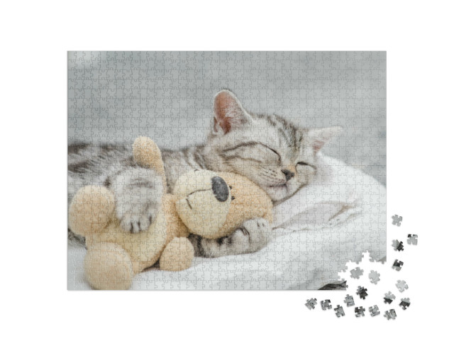 Puzzle 1000 Teile „Niedliches Kätzchen schmust mit einem Teddy“