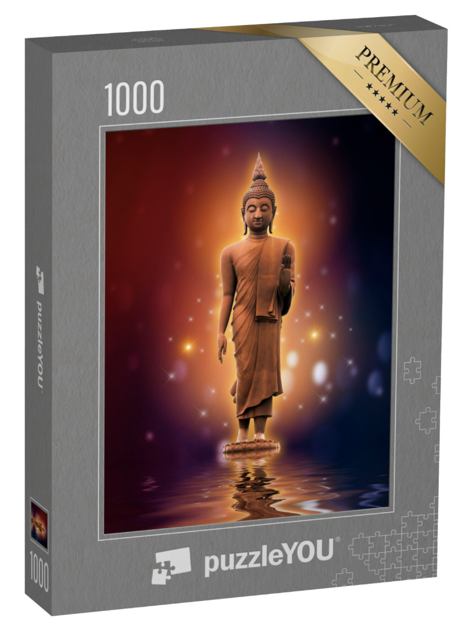 Puzzle 1000 Teile „Buddha-Statue auf Wasser mit goldenem Hintergrund“