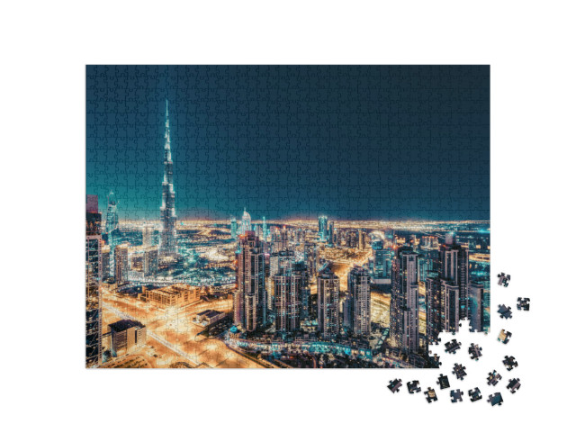 Puzzle 1000 Teile „Skyline mit beleuchteten Wolkenkratzern, Dubai“