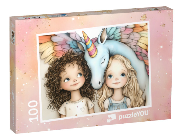 Puzzle 100 Teile „Unter den Regenbogenflügeln unseres Einhorn“