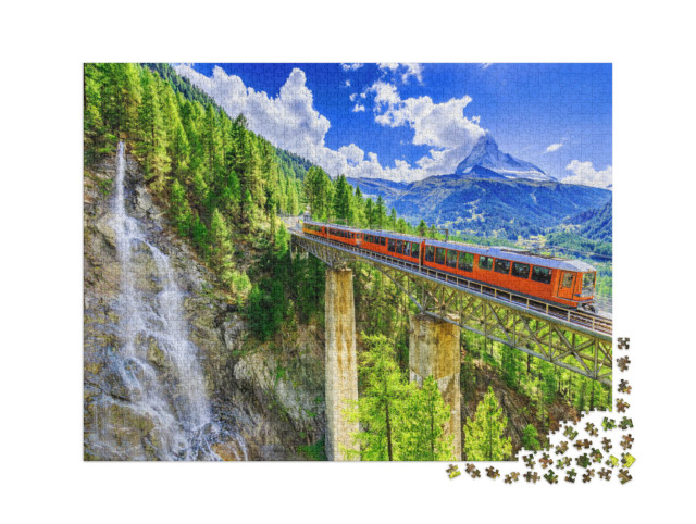 Puzzle 2000 Teile „Gornergrat mit Wasserfall, Brücke und Matterhorn, Zermatt, Wallis, Schweiz“