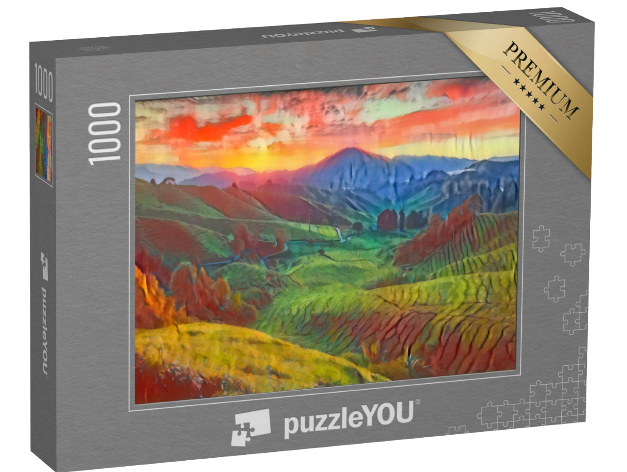 Puzzle 1000 Teile „im Kunst-Stil von Franz Marc - Sungai Palas Teeplantage in Cameron Highlands, Pahang, Malaysia“