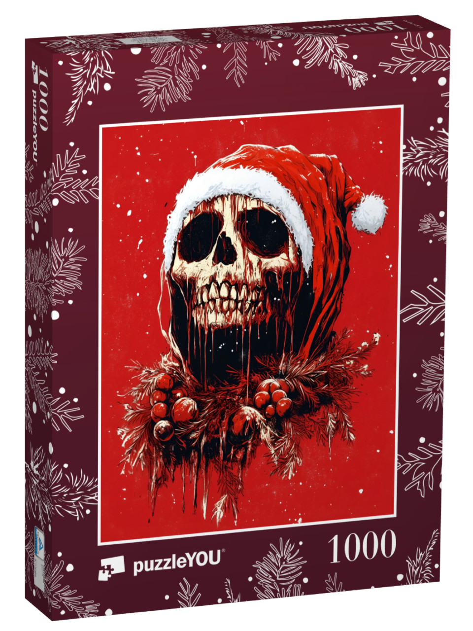 Puzzle 1000 Teile „Gruseliger Totenkopf im Santa Claus Kostüm“