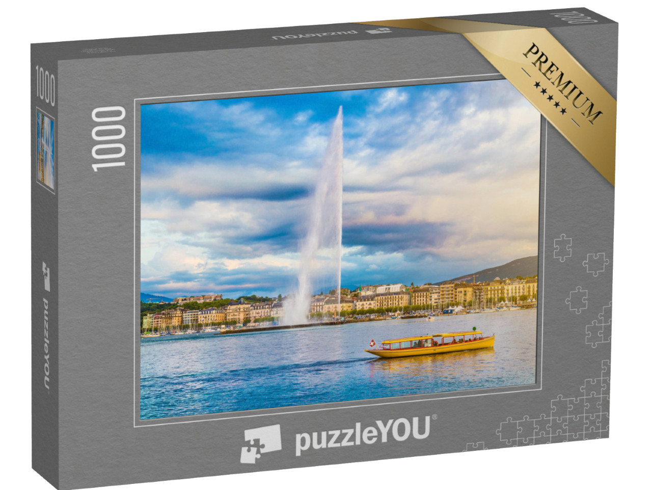 Puzzle 1000 Teile „Genfer Skyline mit dem berühmten Jet d'Eau-Brunnen, Schweiz“