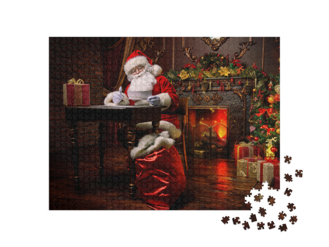 Puzzle 1000 Teile „Weihnachtsmann bereitet sich auf Weihnachten vor, Wunschzettel“
