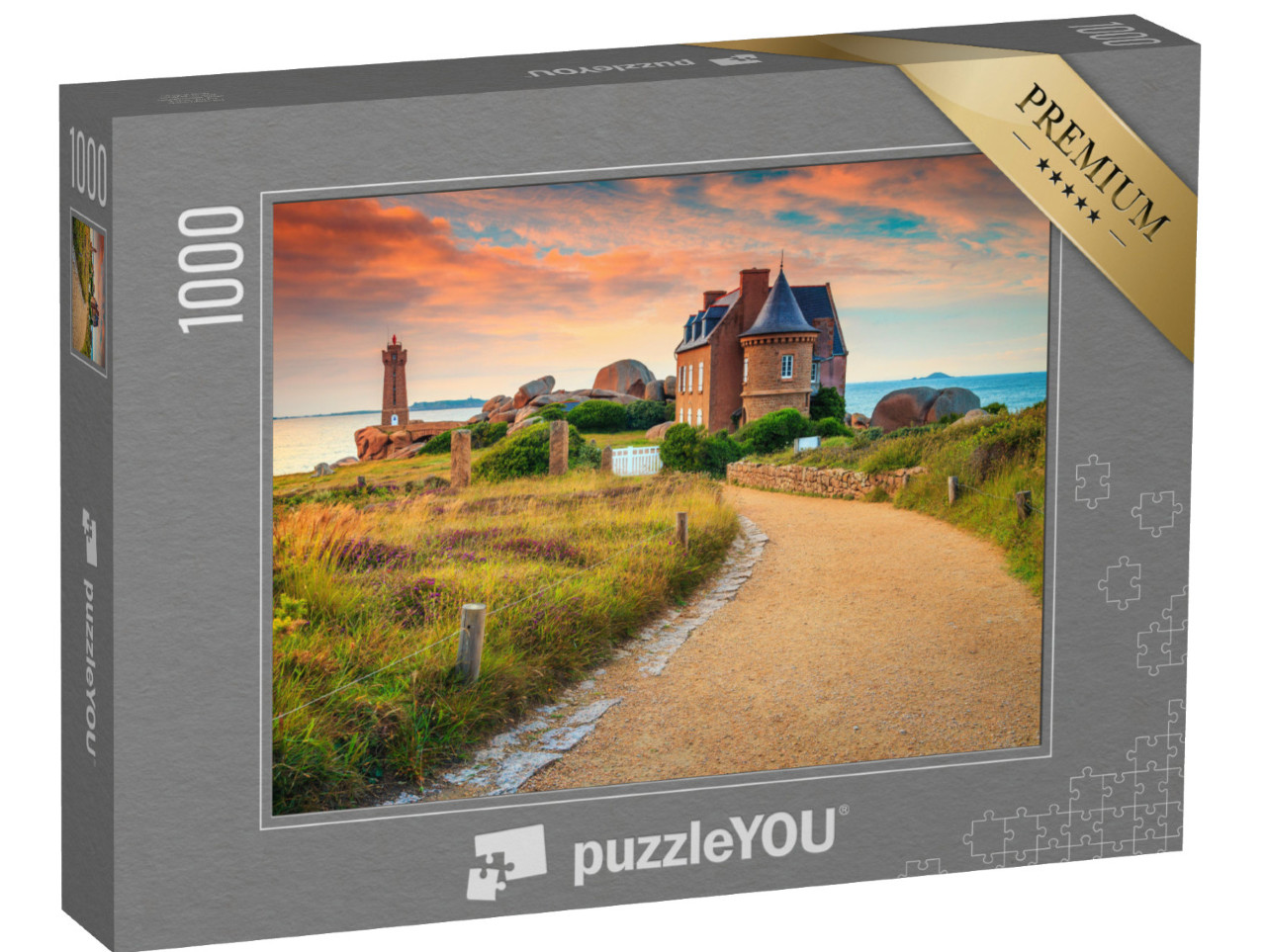Puzzle 1000 Teile „Sonnenuntergang an der Rosa Granitküste, Bretagne, Frankreich“