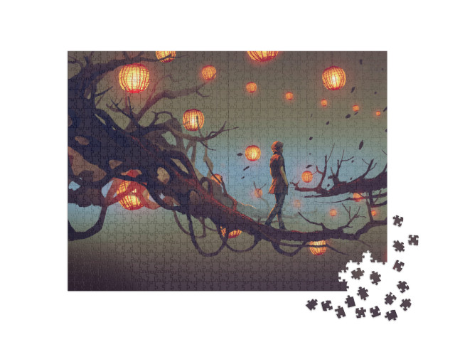 Puzzle 1000 Teile „Illusorische Malerei: Mann auf einem Ast zwischen Laternen“