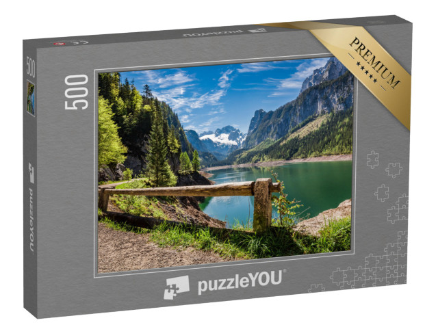 Puzzle 500 Teile „Strahlend blauer Himmel am Gosausee in Gosau, Alpen, Österreich“