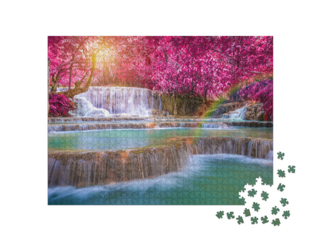 Puzzle 1000 Teile „Atemberaubende Landschaft der Tat Kuang Si Wasserfälle, Luang Prabang, Laos“