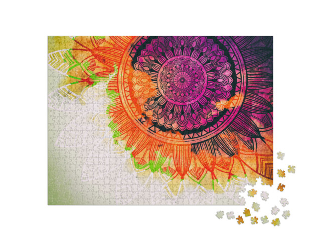 Puzzle 1000 Teile „Digitale Kunst: Altes geometrisches Mandala-Konzept in Aquarell-Optik“