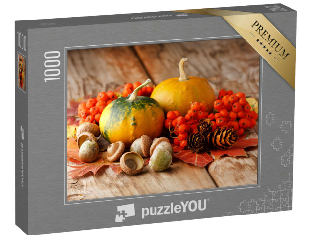 Puzzle 1000 Teile „Geerntete Kürbisse mit Herbstlaub und Nüssen“