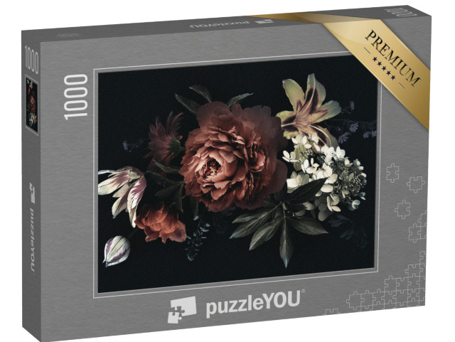 Puzzle 1000 Teile „Vintage-Karte mit Pfingstrosen, Tulpen, Lilie, Hortensie auf schwarzem Hintergrund“