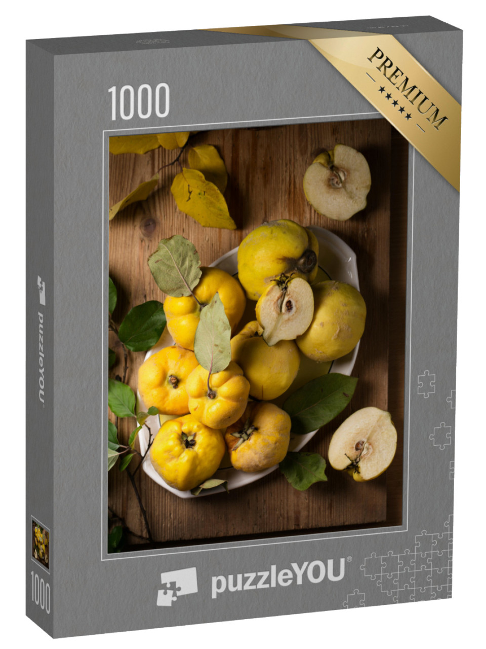 Puzzle 1000 Teile „Reife große Quittenfrüchte auf einem Teller“