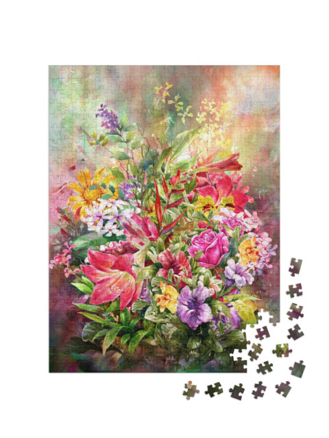 Puzzle 500 Teile „Digitales Aquarell: Bouquet von bunten Blumen“