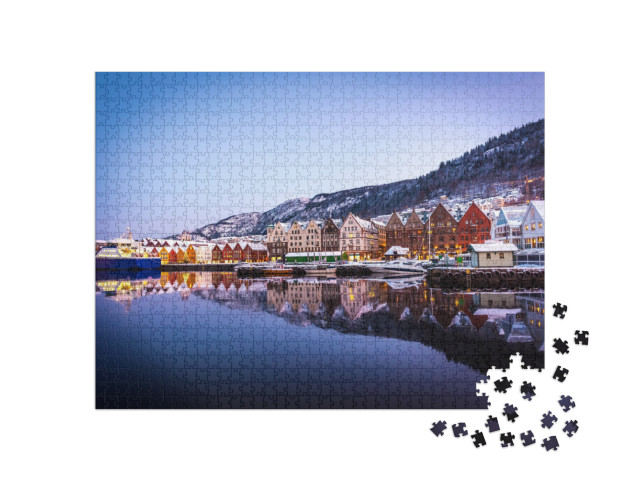 Puzzle 1000 Teile „Weihnachtliche Holzhäuser in Bergen, Norwegen“