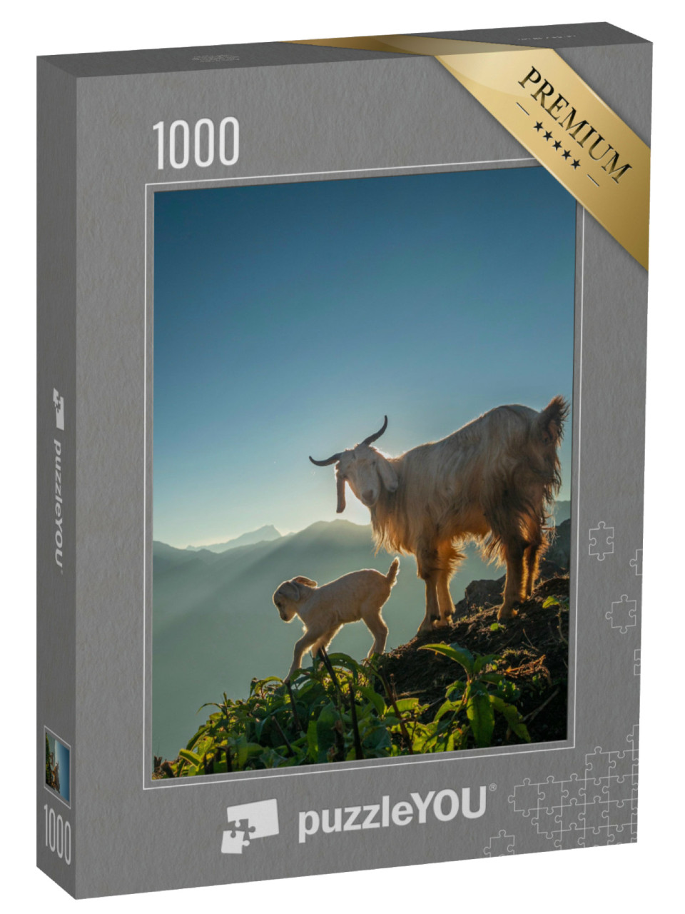 Puzzle 1000 Teile „Eine Ziege und ihr Zicklein in den Bergen bei morgendlichem Sonnenlicht“