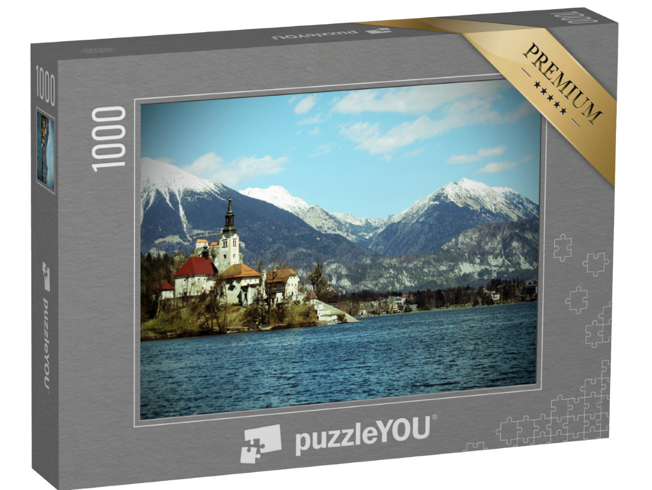 Puzzle 1000 Teile „Kirche auf der Insel Bled vor schneebedeckten Bergen, Slowenien“