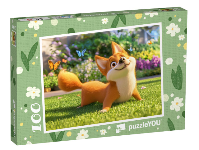 Puzzle 100 Teile „Der lustige Corgi spielt im Sommergarten“