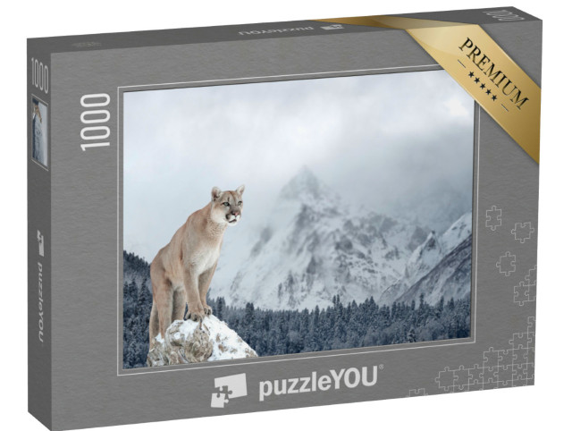Puzzle 1000 Teile „Porträt eines Pumas in den winterlichen Bergen“