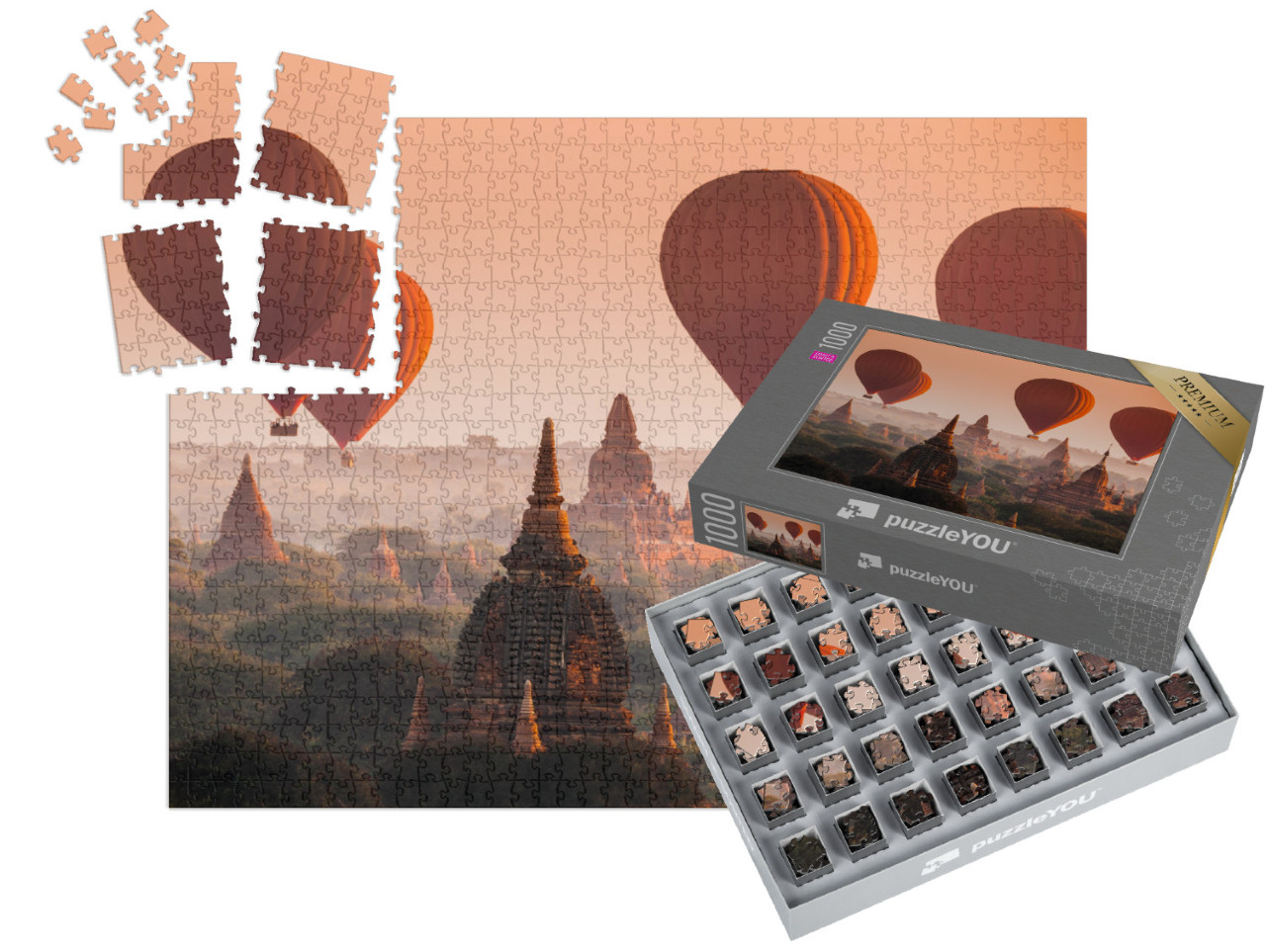 Puzzle „Heißluftballon über der Ebene von Bagan am nebligen Morgen, Myanmar“ | SMART SORTED® 1000 Teile