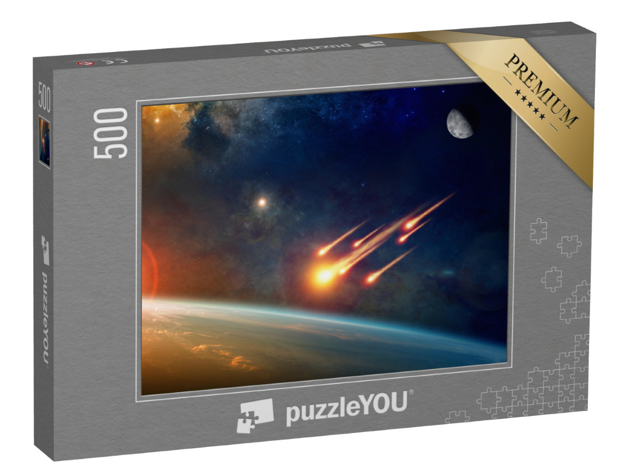 Puzzle 500 Teile „Asteroideneinschlag, Gruppe brennender Asteroiden nähert sich der Erde“