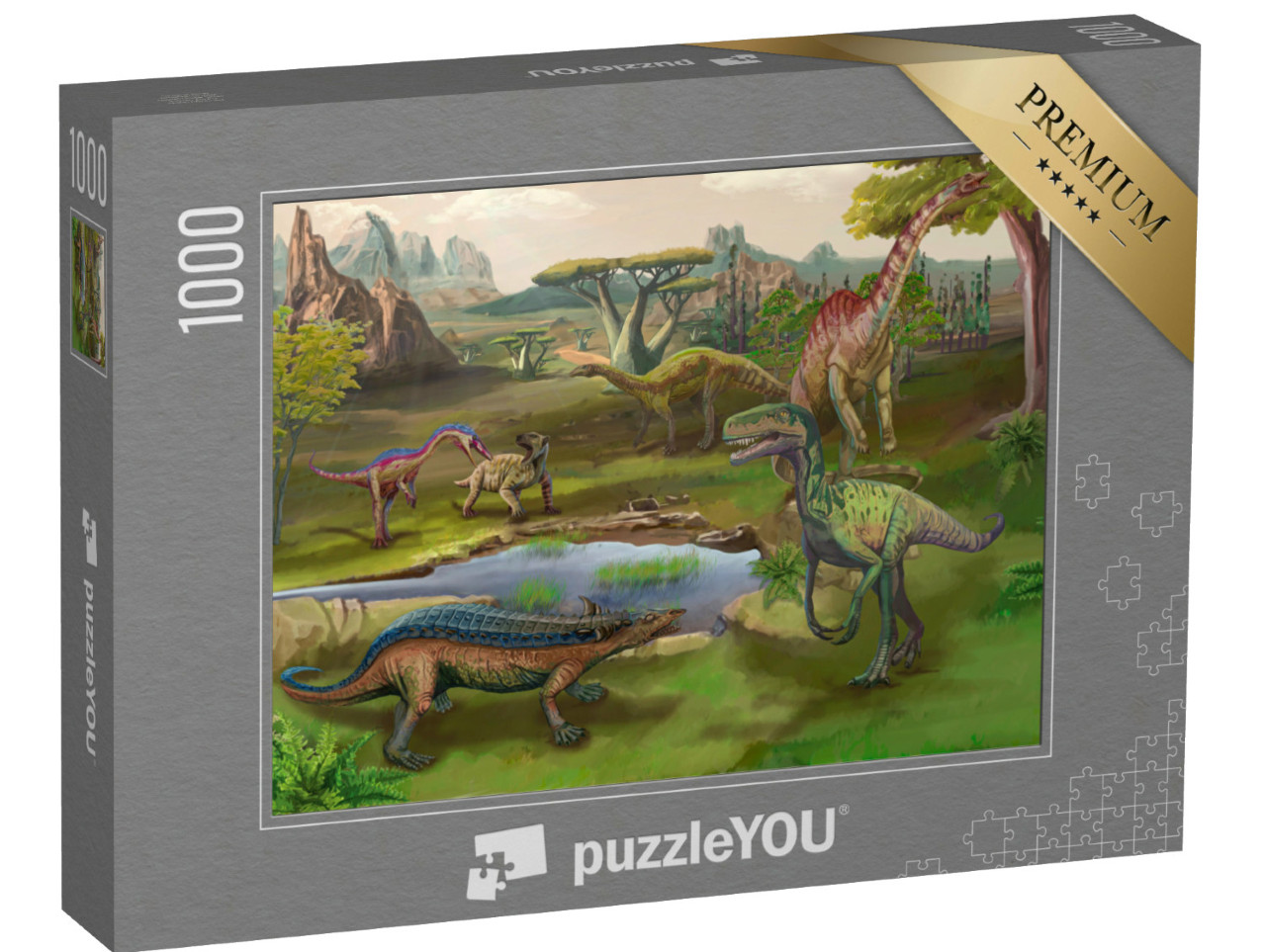 Puzzle 1000 Teile „Szene mit Dinosauriern: Asteroiden-Explosion, Illustration“